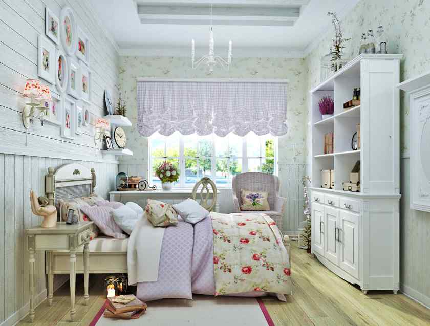 Сочетание цветов в интерьере спальни в стиле шебби-шик